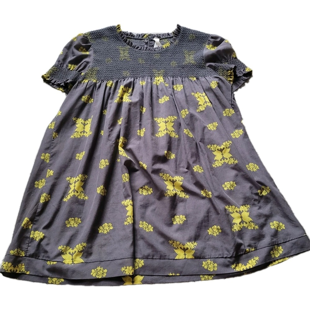 Kristin Miles 1X Smock Boho Dress Grey Chartreuse Mirror Swan Floral‎ Whimsigoth